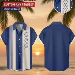 Male model wearing colorful tropical print Hawaiian shirt in casual bowling alley setting