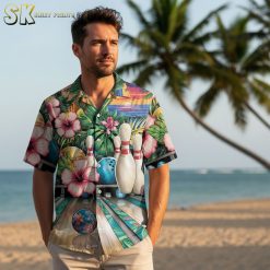 Multiple Hawaiian bowling shirt designs displayed side by side showing various tropical and tiki patterns