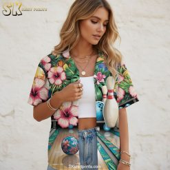 Size chart infographic showing fabric details and fit specifications for custom Hawaiian bowling shirts