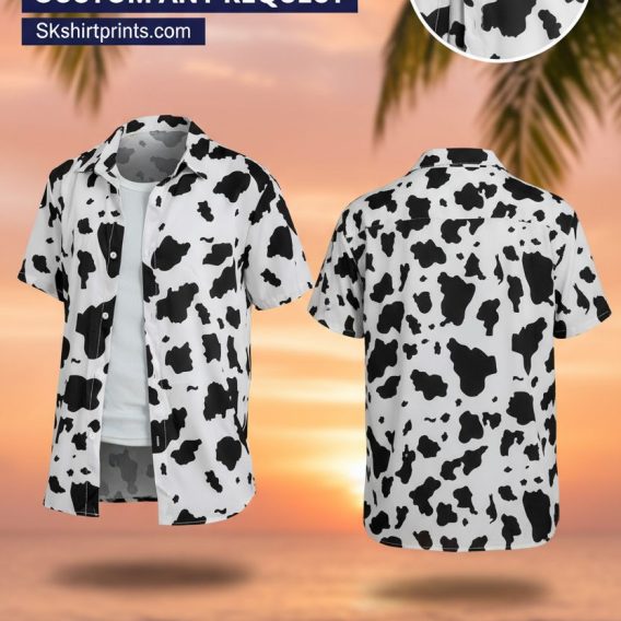 Man wearing cow in hawaiian pattern button up shirt in tropical lifestyle setting