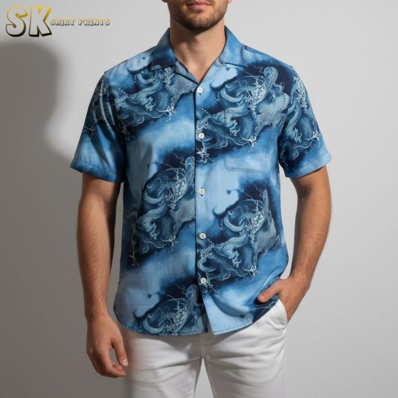 Dragon print aloha shirt displayed on model in tropical beach vacation lifestyle scene