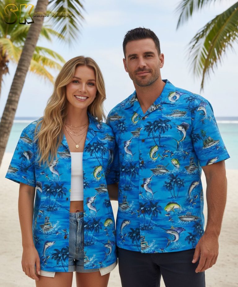Hawaiian Fishing Shirt for Men – Bass Fish Print Button Down Short Sleeve Aloha Shirt