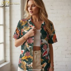 Hawaiian fish shirt product specifications showing koi pattern details and sizing