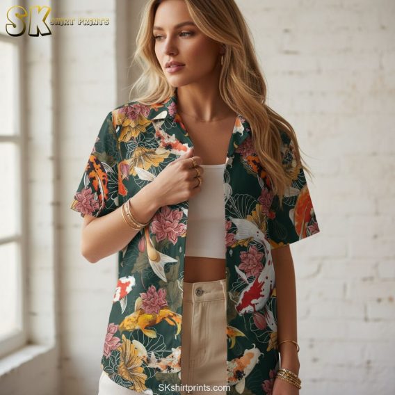Hawaiian fish shirt product specifications showing koi pattern details and sizing