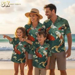 Hawaiian fish shirts collection showing multiple color options of koi pattern tropical shirts