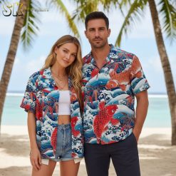 Hawaiian fish shirts displaying ocean life and tropical fish in colorful design