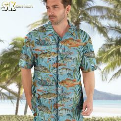 Hawaiian fishing shirt collection showing multiple color options and fishing themed designs