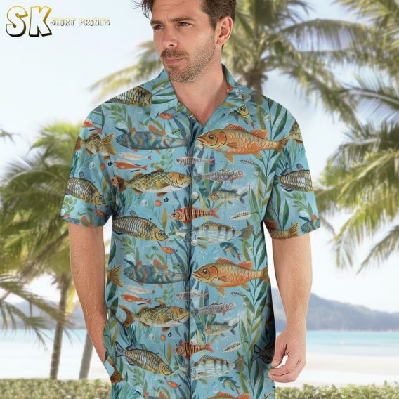 Hawaiian fishing shirt collection showing multiple color options and fishing themed designs