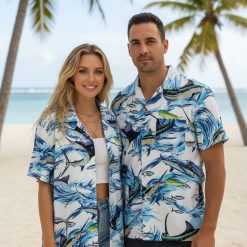 Hawaiian fishing shirts with angler themed print perfect for fishermen