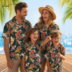 Hawaiian fishing shirts collection displaying multiple koi fish print variations