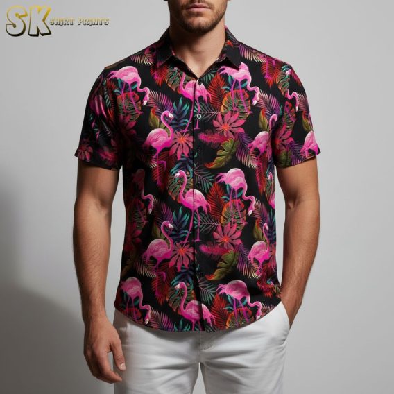 Hawaiian flamingo shirt in vibrant tropical colors for men