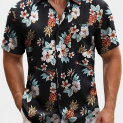 Hawaiian flower shirt with colorful tropical floral pattern, button up style for men's casual wear