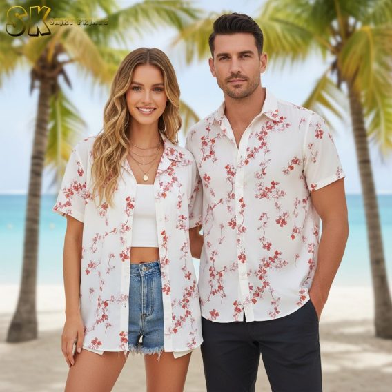 Hawaiian flower shirt womens style featuring colorful tropical blooms on feminine cut