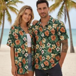 Hawaiian flowers shirt showcasing colorful tropical blooms on casual summer button down shirt for men
