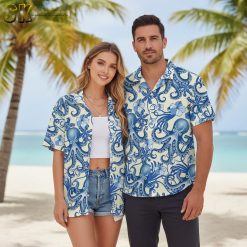 Person wearing Hawaiian shirt octopus design in summer setting with sea creature pattern details visible