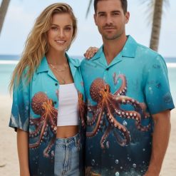 Person wearing octopus themed Hawaiian shirt in relaxed lifestyle pose with vacation setting