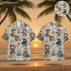 Hawaiian pirate shirt featuring cartoon cats dressed as pirates with treasure chests and nautical elements