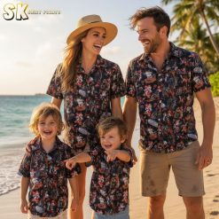 Hawaiian pirate shirt collection showing various color combinations and pattern variations