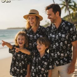 Hawaiian pirate shirt collection showing various color options and design variations for men and women