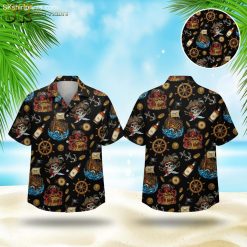 Hawaiian pirate shirt with skull, treasure chest, anchor and ship wheel pattern on black background