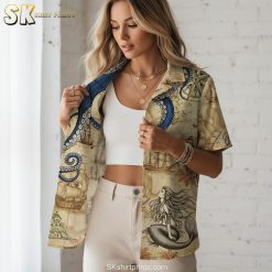 Hawaiian pirate shirt sizing specifications showing nautical octopus and ship design measurements