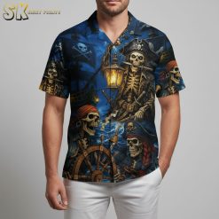 Hawaiian pirate shirt displaying skeleton captains with pirate hats and ships on stormy ocean background