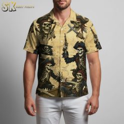 Hawaiian pirate shirt with skeleton pirates holding swords and guns on vintage nautical background