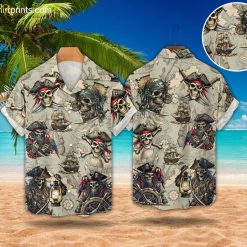 Hawaiian pirate shirt featuring skull designs with red bandanas and vintage treasure map background