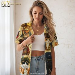 Hawaiian pirate shirt size chart and specifications showing measurements and fit details for pirate cat design