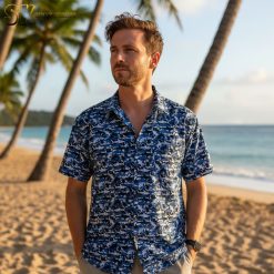 Hawaiian shark shirt collection showing various designs and color options in tropical patterns