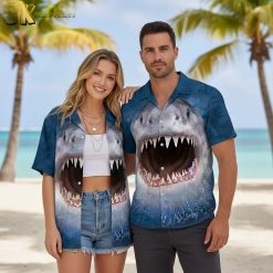 Hawaiian shark shirt with ocean life patterns and beach-themed graphics