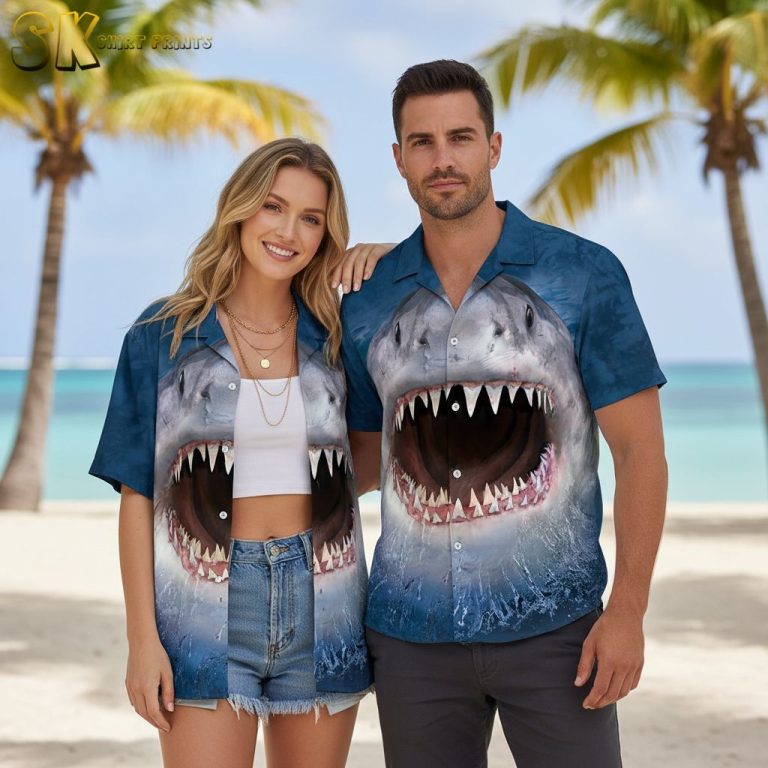 Men’s Hawaiian Shark T-Shirt – Tropical Great White Sharks Design Short Sleeve Tee