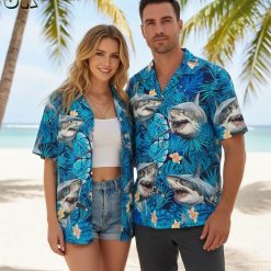 Hawaiian shark shirt with ocean tropical print design featuring sharks and beach elements