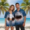 Hawaiian shark shirt with ocean-themed graphics and palm tree patterns