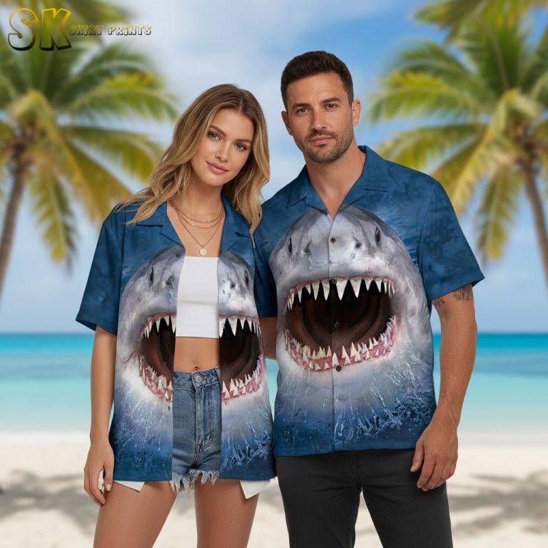Men’s Hawaiian Shark Print Shirt – Tropical Great White Sharks Button-Up