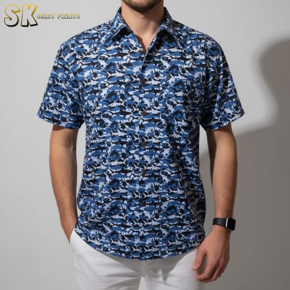 Hawaiian shark shirt with ocean-themed tropical print and shark graphics
