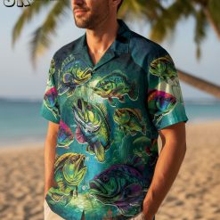 Hawaiian shirt fish collection showing multiple color variations of fish-print tropical shirts