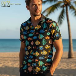Hawaiian shirt fish collection displaying various tropical fish print designs and color options