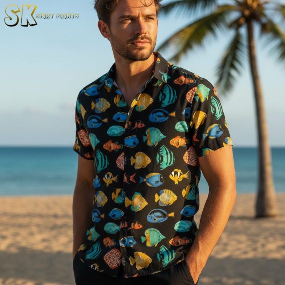 Hawaiian shirt fish collection displaying various tropical fish print designs and color options