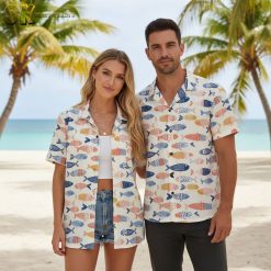 Hawaiian shirt with fish design in third color option displaying playful fish motifs in various colors and patterns