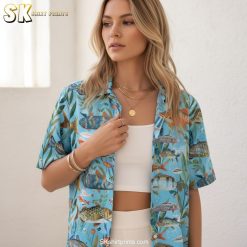 Hawaiian shirt fish pattern specifications showing detailed tropical fish design elements