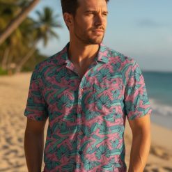 Hawaiian shirt with guns design collection showing multiple color variations