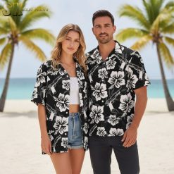 Hawaiian shirt operator design with tactical elements and tropical styling
