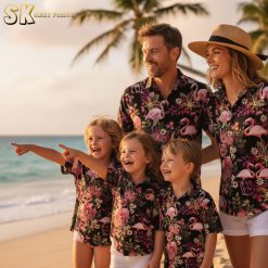 Collection of Hawaiian shirts with pink flamingos in various styles and colors