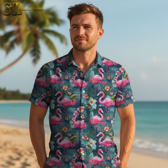 Collection of Hawaiian shirts featuring pink flamingo designs in various colorways