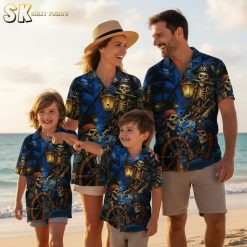 Hawaiian shirt pirate collection showcasing skeleton pirates with steering wheels and lanterns design