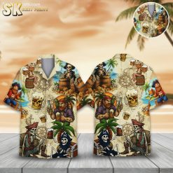 Hawaiian shirt pirate design featuring cartoon skeletons, treasure chests, palm trees and nautical elements