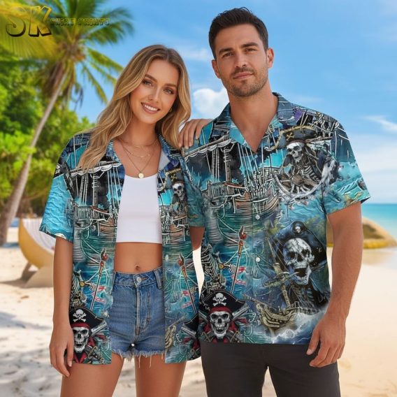 Hawaiian shirt with pirate theme showing skeleton pirates and nautical elements in colorful design