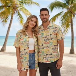 Hawaiian shirt pirate themed design with Pittsburgh baseball elements and tropical patterns