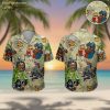 Hawaiian shirt pirate design with colorful tropical print featuring pirates, skulls and treasure chests